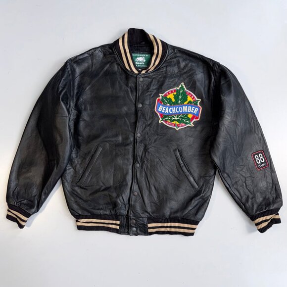 Roots Canada Vintage men's leather bomber varsity jacket with a Beachcomber